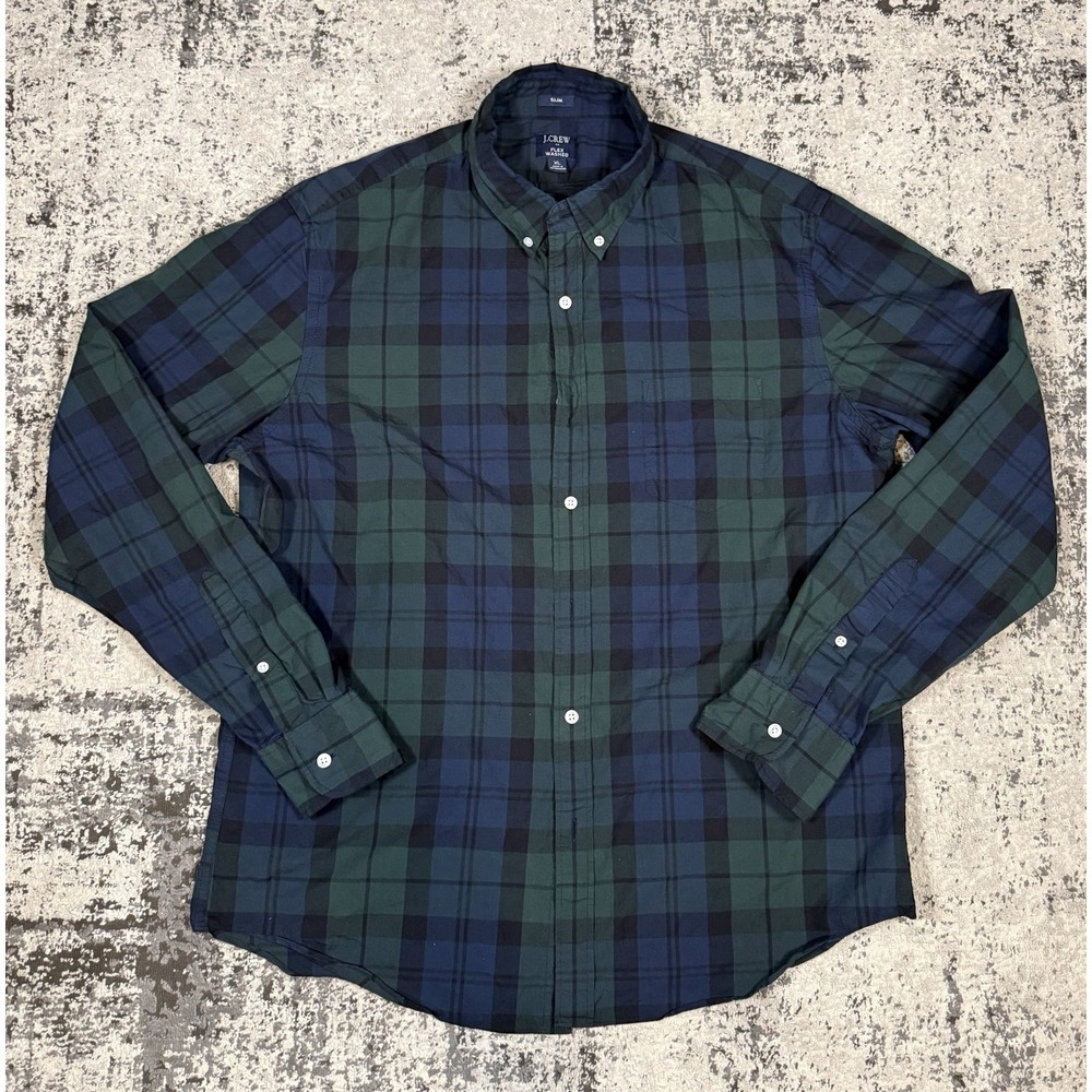 J Crew Flex Washed Shirt Mens XL Black Watch Plaid Button Down Flannel FA23